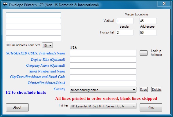 Envelope Printer International Version Main Screen